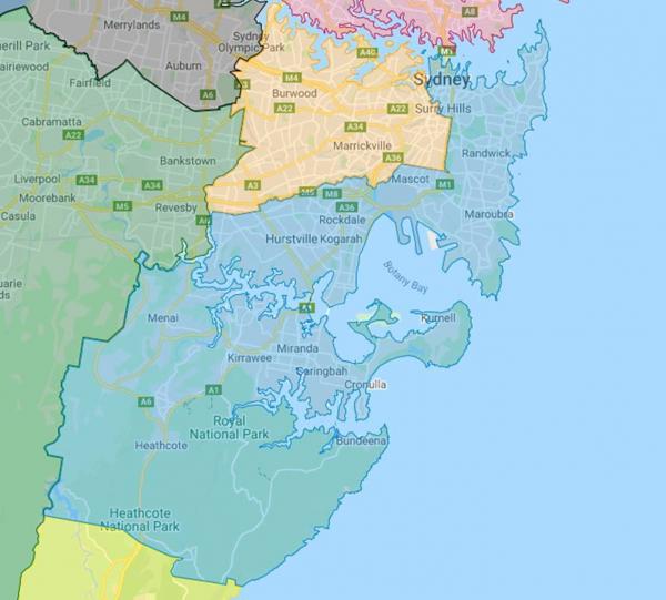 Map showing  Local Health Districts map: SESLHD is in blue, SLHD is in yellow.