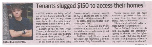 Newspaper clipping titled "Tenants slugged $150 for access to their homes."