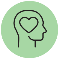 Green close up of person with heart for a brain