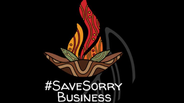 Aboriginal style illustration of a brown and orange campfire on a black background with the words #SafeSorryBusiness in white text