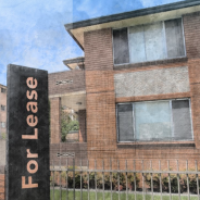 Watercolour illustration of a 'for lease' sign outside block of flats