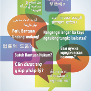 Overlapping coloured speech bubbles that say "Do you need legal help" in multiple languages