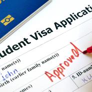 CLoseup of person filling out visa application form. Red cursive writing reads 'approved'